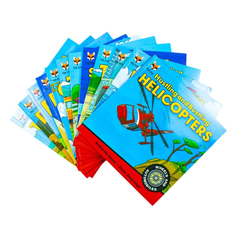 Wheels and Automobiles Collection 12 Amazing Books Set: (Hustling and Bustling Machines, Boats, Buses, Cars, Submarines, Trains, Trucks, Planes, Cranes, Tractors, Diggers, Rockets, Helicopters)