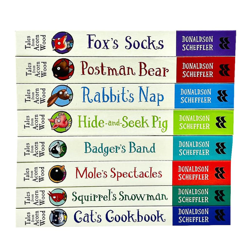 Julia Donaldson Tales From Acorn Wood Series Collection 8 Books Set (Fox's Socks, Hide-and-seek Pig, Postman Bear,Rabbit's Nap,Cat's Cookbook, Squirrel's Snowman, Mole's Spectacles and Badger's Band)