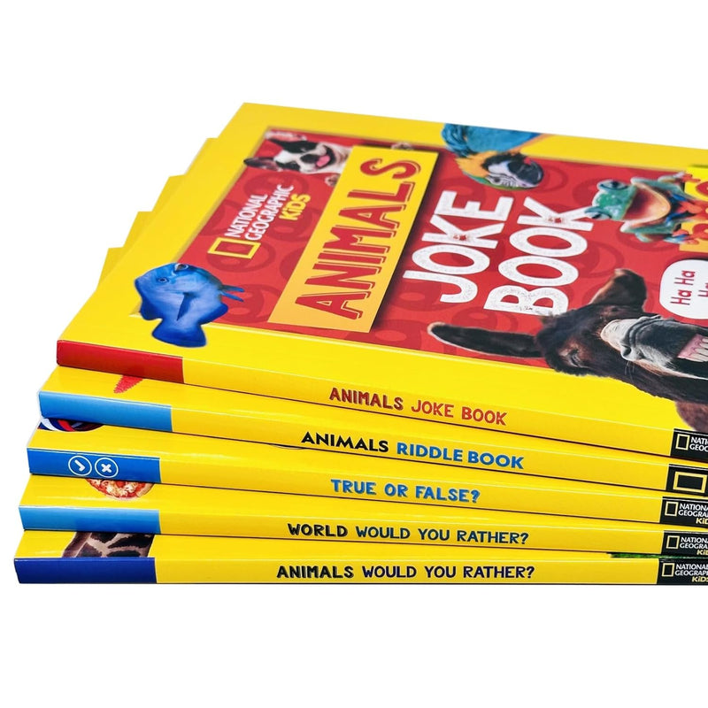 National Geographic Kids A Fun-Filled Family Game Animals 5 Books Collection Set (True or False?, Animals Riddle Book, Animals Joke Book, World Would You Rather? and Animals Would You Rather?)
