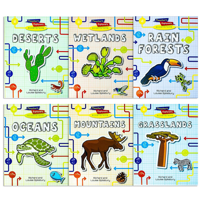 Flowchart Explorers Ecosystems STEM 6 Geography Science Books Set (Deserts, Grasslands, Mountains, Oceans, Rain Forests, Wetlands)