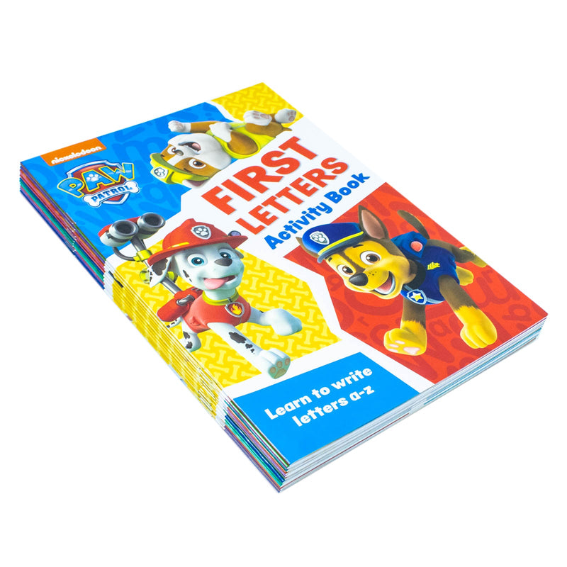 Paw Patrol Get set for school Activity 12 Books Collection Set(First Letters, Phonics, Writing, Numbers, Counting, Spelling, 100 Words, Fun With Numbers, Telling the Time, Left right up down & More)