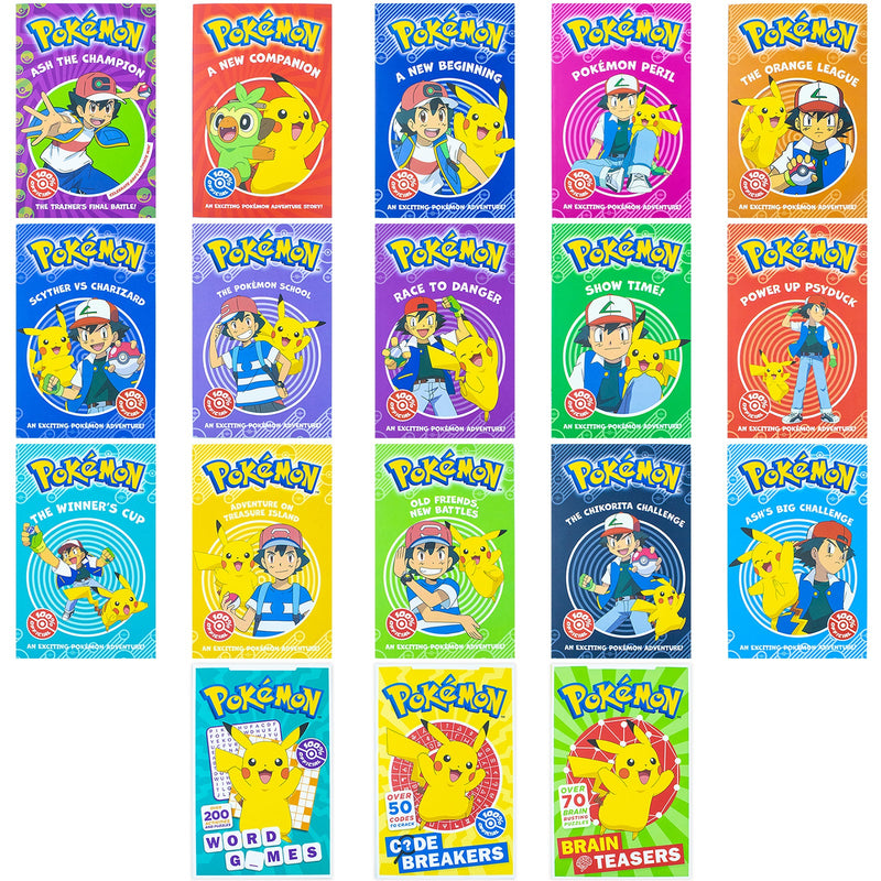 Pokemon Mega Collection 18 Books Box Set (Word Games, Code Breakers, Brain Teasers, Ash The Champion, A New Companion, A New Beginning, Pokemon Peril, The Orange League, Show Time! & 9 more...)