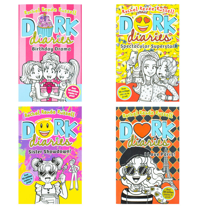 Dork Diaries Collection 4 Books Set (Volume 13-16) By Rachel Renee Russell (Birthday Drama!, Spectacular Superstar, I Love Paris!, Sister Showdown!)