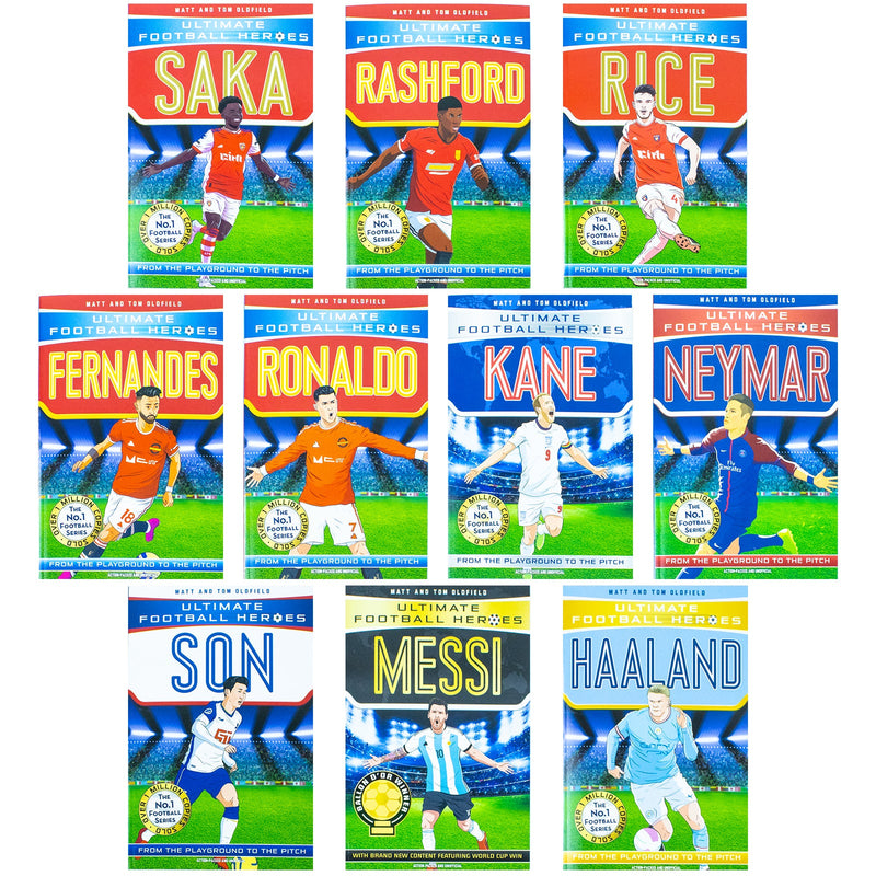 Ultimate Football Heroes Collection 10 Books Set Rashford, Ronaldo, Messi, Kane, Son, Grealish, Fernandes, Haaland, Neymar, Sancho