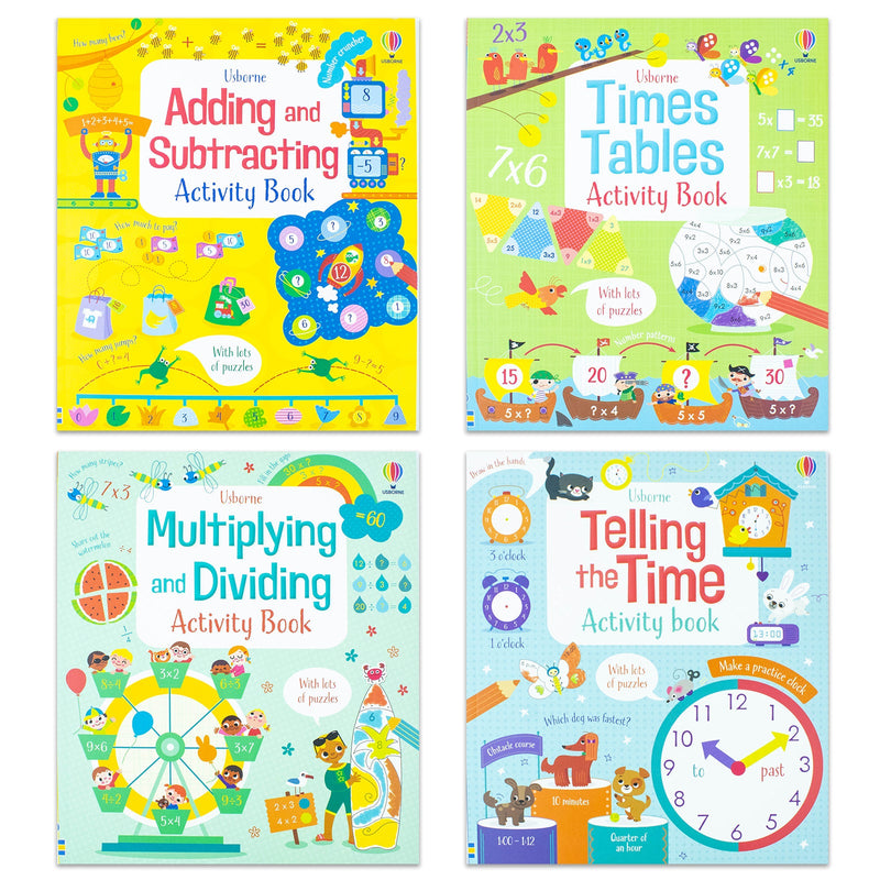 Children Usborne Educational Workbooks 4 Books Set (Addition & Subtraction, Times Tables, Telling the Time, Multiplying Dividing)