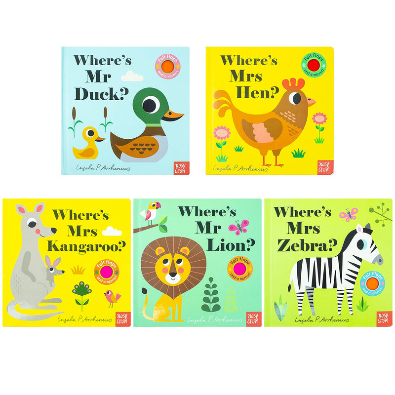 Felt Flaps and the Mirror 5 Books By Ingela P Arrhenius (Where's Mr Duck, Where's Mr Lion, Where's Mrs Kangaroo, Where's Mrs Hen, Where's Mrs Zebra)