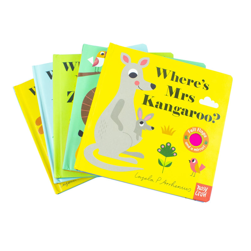 Felt Flaps and the Mirror 5 Books By Ingela P Arrhenius (Where's Mr Duck, Where's Mr Lion, Where's Mrs Kangaroo, Where's Mrs Hen, Where's Mrs Zebra)