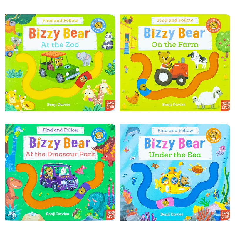 Bizzy Bear Find & Follow Series 4 Books Set (At The Zoo, On The Farm, At The Dinosaur Park, Under The Sea)