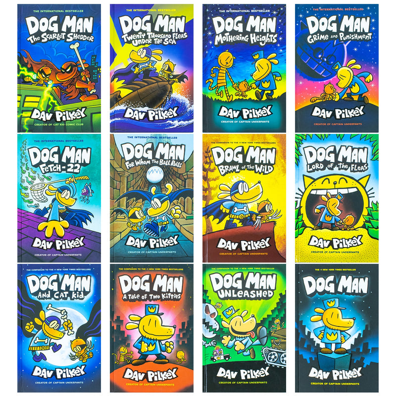 Dog Man Series 1-12 Books Collection Set By Dav Pilkey (Dog Man, Unleashed, Tale Of Two Kitties, Dog Man and Cat Kid, Lord of The Fleas, Brawl of The Wild, For Whom The Ball Rolls, Fetch-22 &amp; More)