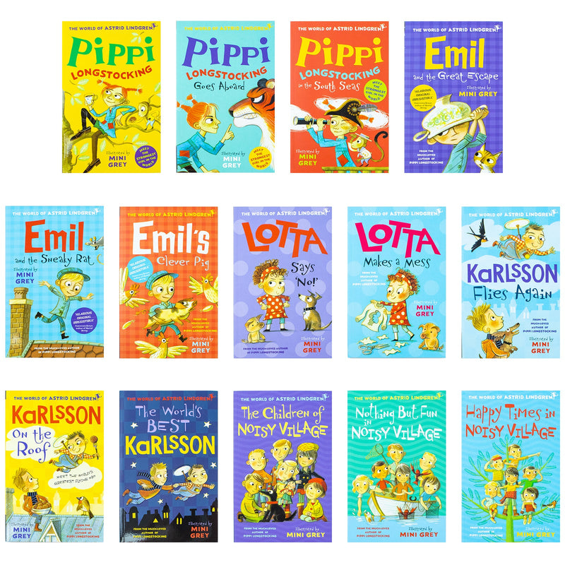 Astrid Lindgren Collection 14 Books Set (The Children of Noisy Village, Happy Times,Nothing but Fun, The World&amp;#x27;s Best Karlsson,Flies Again,on the Roof,Pippi Longstocking,Emil&amp;#x27;s Clever Pig &amp;amp; More)