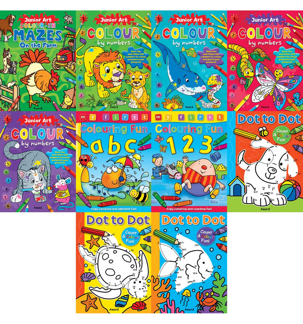 Children's Drawing and Colouring Activity Books 10 Books Set (Junior Art, My First Colouring Fun, Dot to Dot Books)