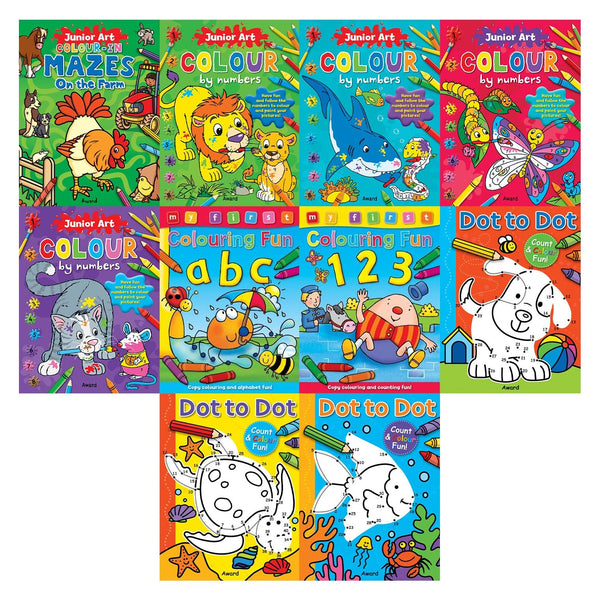 Children's Drawing and Colouring Activity Books 10 Books Set (Junior Art, My First Colouring Fun, Dot to Dot Books)