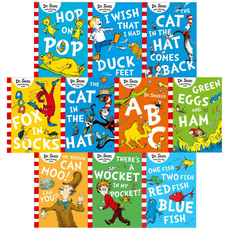 Dr Seuss Childrens Book Collection 10 Books Set Abc, Fox in Socks, The Cat in The Hat and More