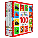 My First 100 Board Book Box Set (4 Books): First 100 Words / Numbers Colors Shapes / First 100 Animals / First 100 things that Go