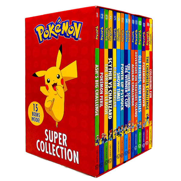 BOX MISSING - The Official Pokemon Super Collection 15 Books Set - Ash Big Challenge, Pokemon Peril, Orange League, Scyther vs Charizard, Race to Danger & More