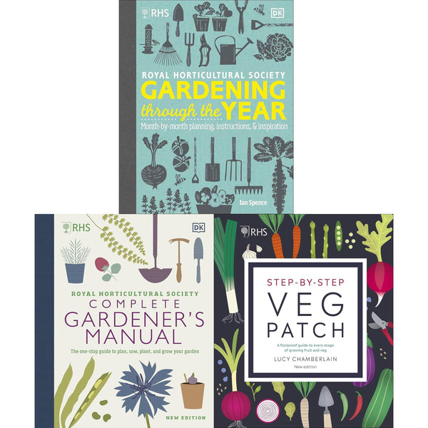 RHS Complete Gardener's Manual, RHS Gardening Through the Year, RHS Step-by-Step Veg Patch 3 books Collection Set