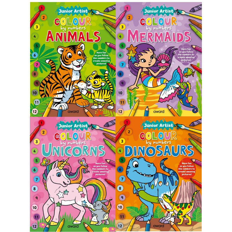 Junior Artist Colour By Numbers 4 Books Collection Set For Childrens Skills Development Dinosaurs, Unicorn, Mermaid, Animals