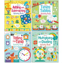 Usborne Maths Activity 4 Books Collection Set (Adding and Subtracting, Times Tables, Multiplying and Dividing &amp; Telling the Time) (Maths Activity Book Pack)
