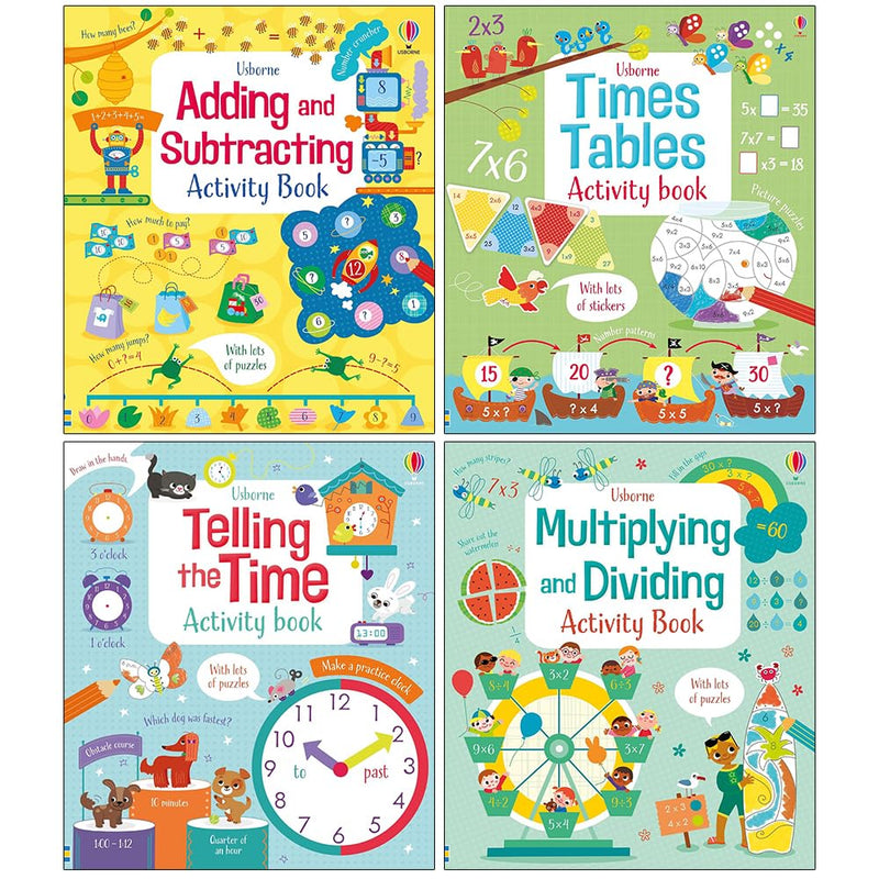 Usborne Maths Activity 4 Books Collection Set (Adding and Subtracting, Times Tables, Multiplying and Dividing &amp; Telling the Time) (Maths Activity Book Pack)
