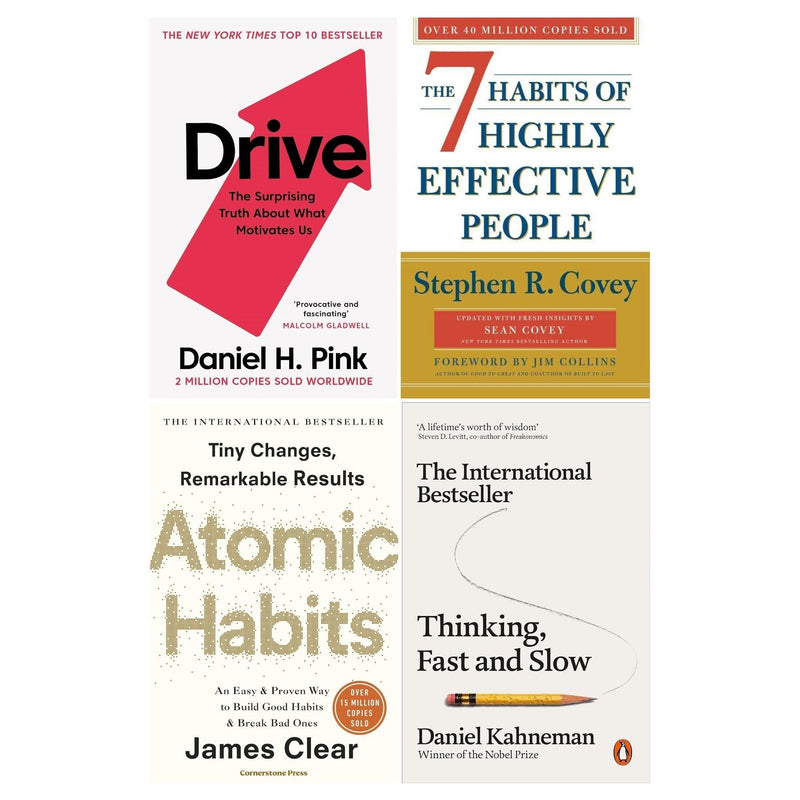 Thinking Fast and Slow, Drive, Atomic Habits and 7 Habits of Highly Effective People 4 Books Set