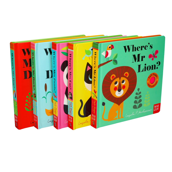 Felt Flaps and the Mirror 5 Books By Ingela P Arrhenius (Where's Mrs Panda, Where's Mrs Cat, Where's Mr Dog, Where's Mr Lion, Where's Mr Duck)