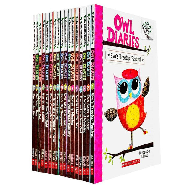 Owl Diaries Collection 1-17 Books Set By Rebecca Elliott (Eva's Treetop Festival, Eva Sees a Ghost, A Woodland Wedding, Eva and the New Owl, Warm Hearts Day, Baxter Is Missing & More)